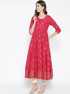 Pink printed cotton long-kurtis 3