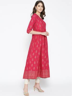 Pink printed cotton long-kurtis 5