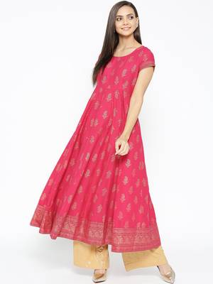 Pink printed cotton long-kurtis 1