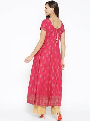 Pink printed cotton long-kurtis 2
