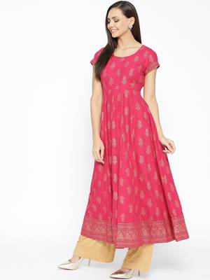 Pink printed cotton long-kurtis 3