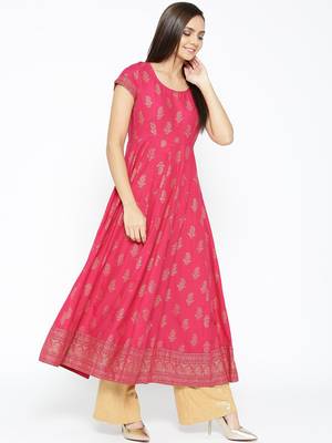 Pink printed cotton long-kurtis 5