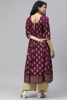 Purple printed cotton long-kurtis