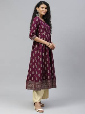Purple printed cotton long-kurtis 3
