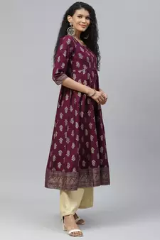 Purple printed cotton long-kurtis
