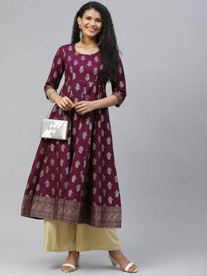 Purple printed cotton long-kurtis 5
