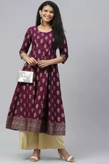 Purple printed cotton long-kurtis