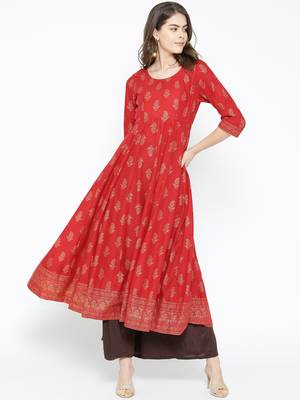 Red printed cotton long-kurtis 1