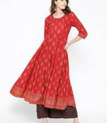 Red printed cotton long-kurtis