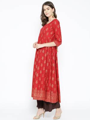 Red printed cotton long-kurtis 3