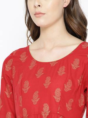Red printed cotton long-kurtis 4