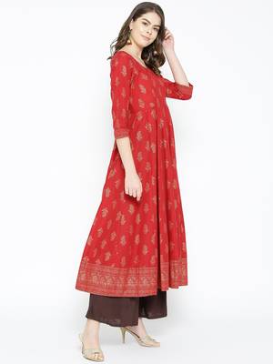 Red printed cotton long-kurtis 5