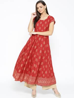 Red printed cotton long-kurtis 1