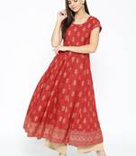 Red printed cotton long-kurtis