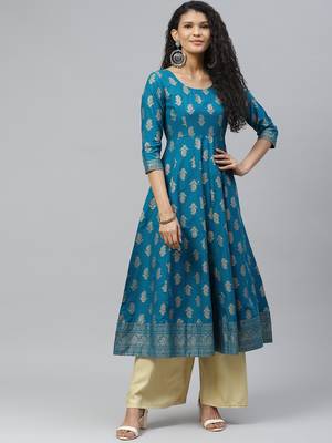 Turquoise printed cotton long-kurtis 1