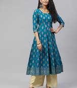 Turquoise printed cotton long-kurtis