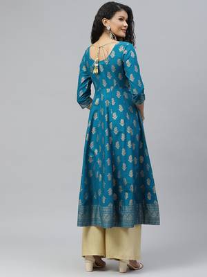 Turquoise printed cotton long-kurtis 2