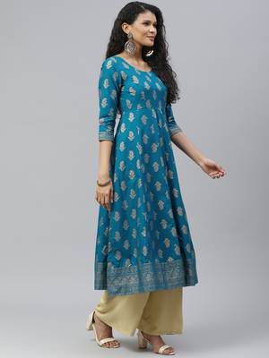 Turquoise printed cotton long-kurtis 3