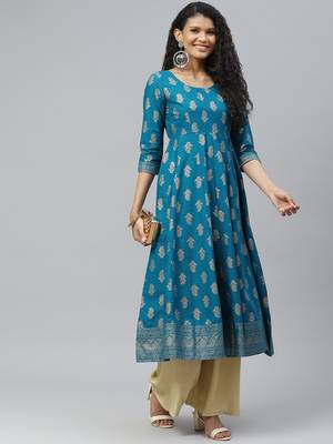 Turquoise printed cotton long-kurtis 5