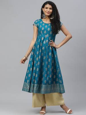Turquoise printed cotton long-kurtis 1