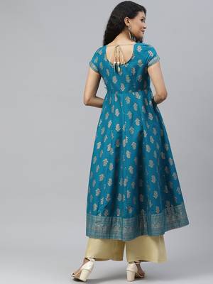 Turquoise printed cotton long-kurtis 2