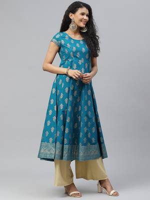 Turquoise printed cotton long-kurtis 3