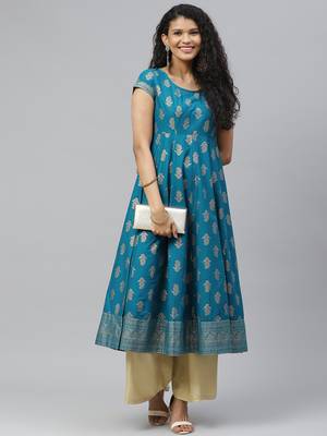 Turquoise printed cotton long-kurtis 5
