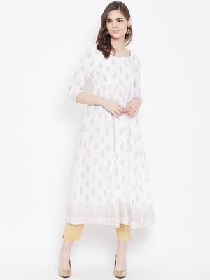 White printed cotton long-kurtis 1