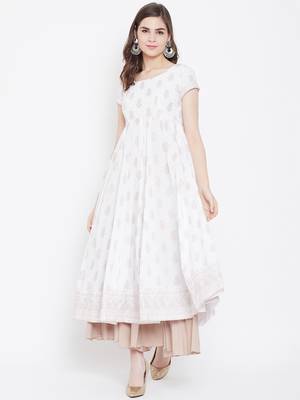 White printed cotton long-kurtis 1