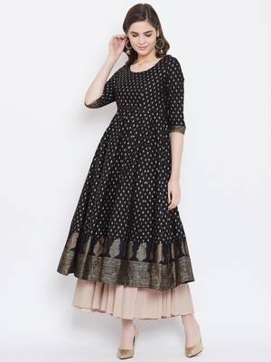 Black printed cotton long-kurtis 1