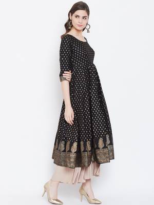 Black printed cotton long-kurtis 5