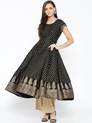 Black printed cotton long-kurtis 1