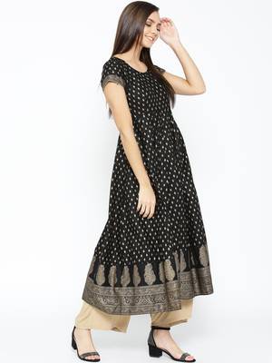 Black printed cotton long-kurtis 5