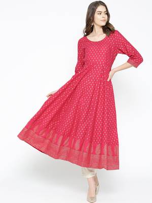 Pink printed cotton long-kurtis 1