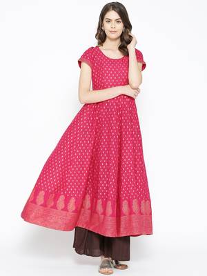 Pink printed cotton long-kurtis 1
