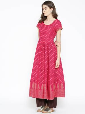 Pink printed cotton long-kurtis 3