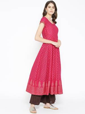 Pink printed cotton long-kurtis 5