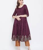 Purple printed cotton long-kurtis
