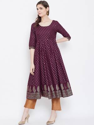 Purple printed cotton long-kurtis 3