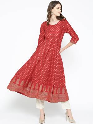 Red printed cotton long-kurtis 1