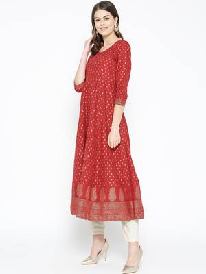 Red printed cotton long-kurtis 3