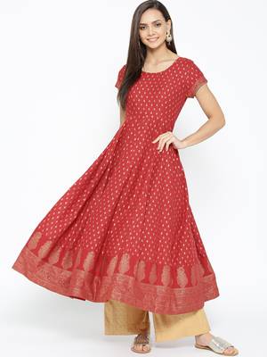 Red printed cotton long-kurtis 1