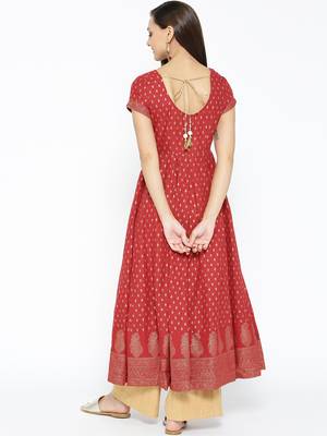 Red printed cotton long-kurtis 2