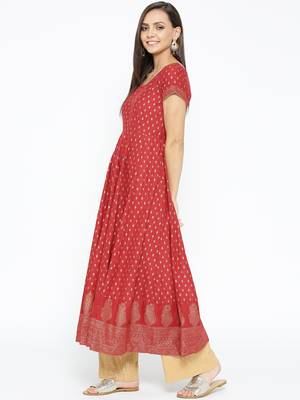 Red printed cotton long-kurtis 3