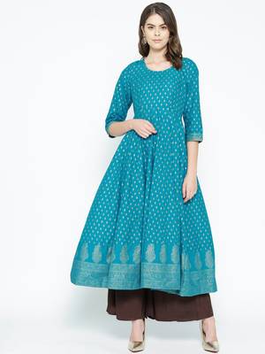 Turquoise printed cotton long-kurtis 1