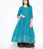 Turquoise printed cotton long-kurtis