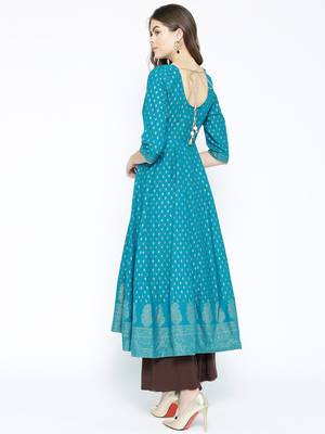 Turquoise printed cotton long-kurtis 2