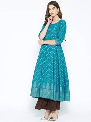 Turquoise printed cotton long-kurtis 3