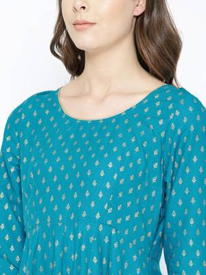 Turquoise printed cotton long-kurtis 4