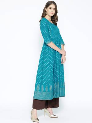 Turquoise printed cotton long-kurtis 5